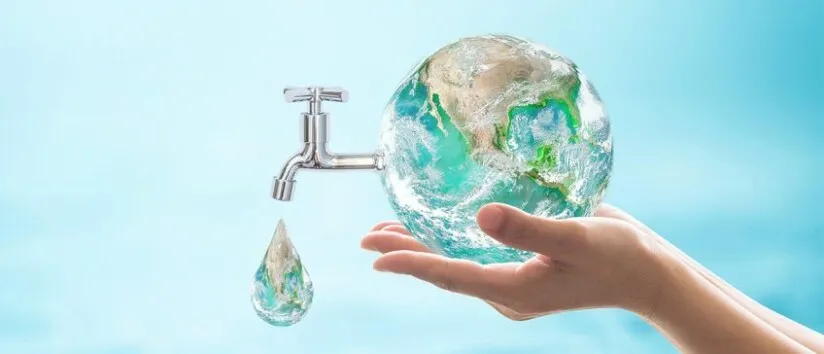 hand holding the world showing a nozzle of water