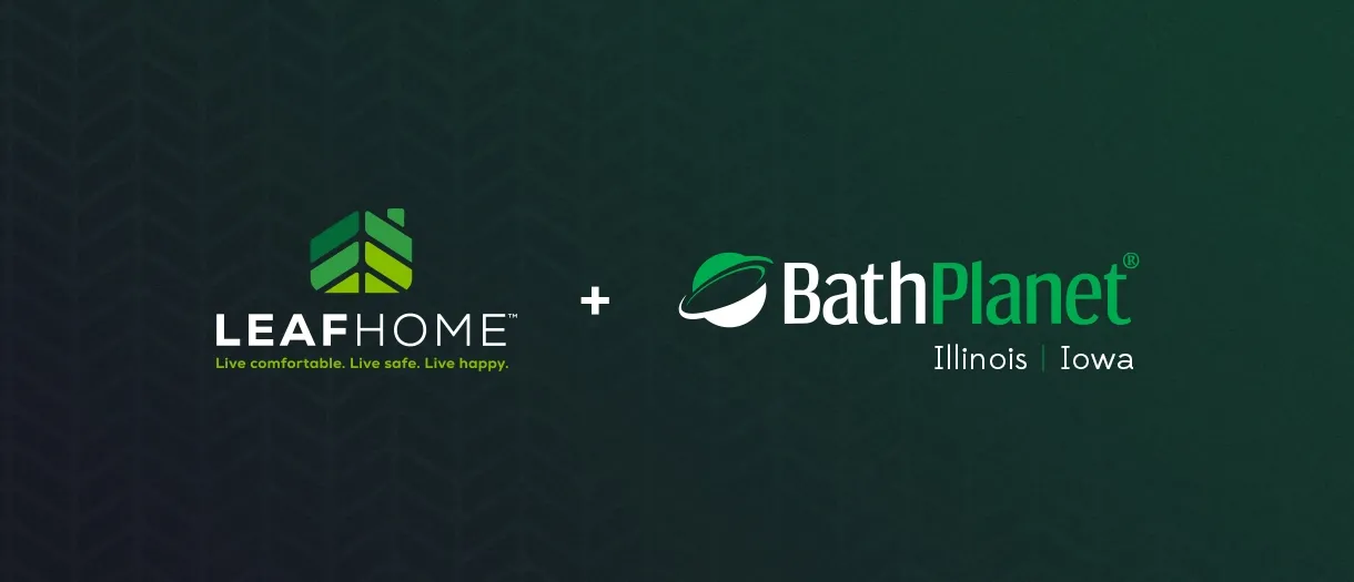 side by side logos for leaf home and bath planet