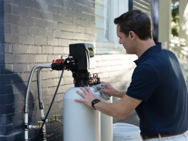 a man installing a water filtration system next to a house