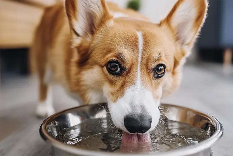 a dog drinking water from a bowl