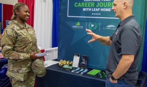 Leaf Military Engagement team discussing transitioning opportunities with veterans