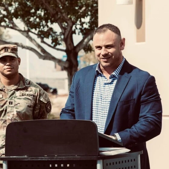 Leaf Home Military Engagement team discussing opportunities for veterans at speaking engagement.