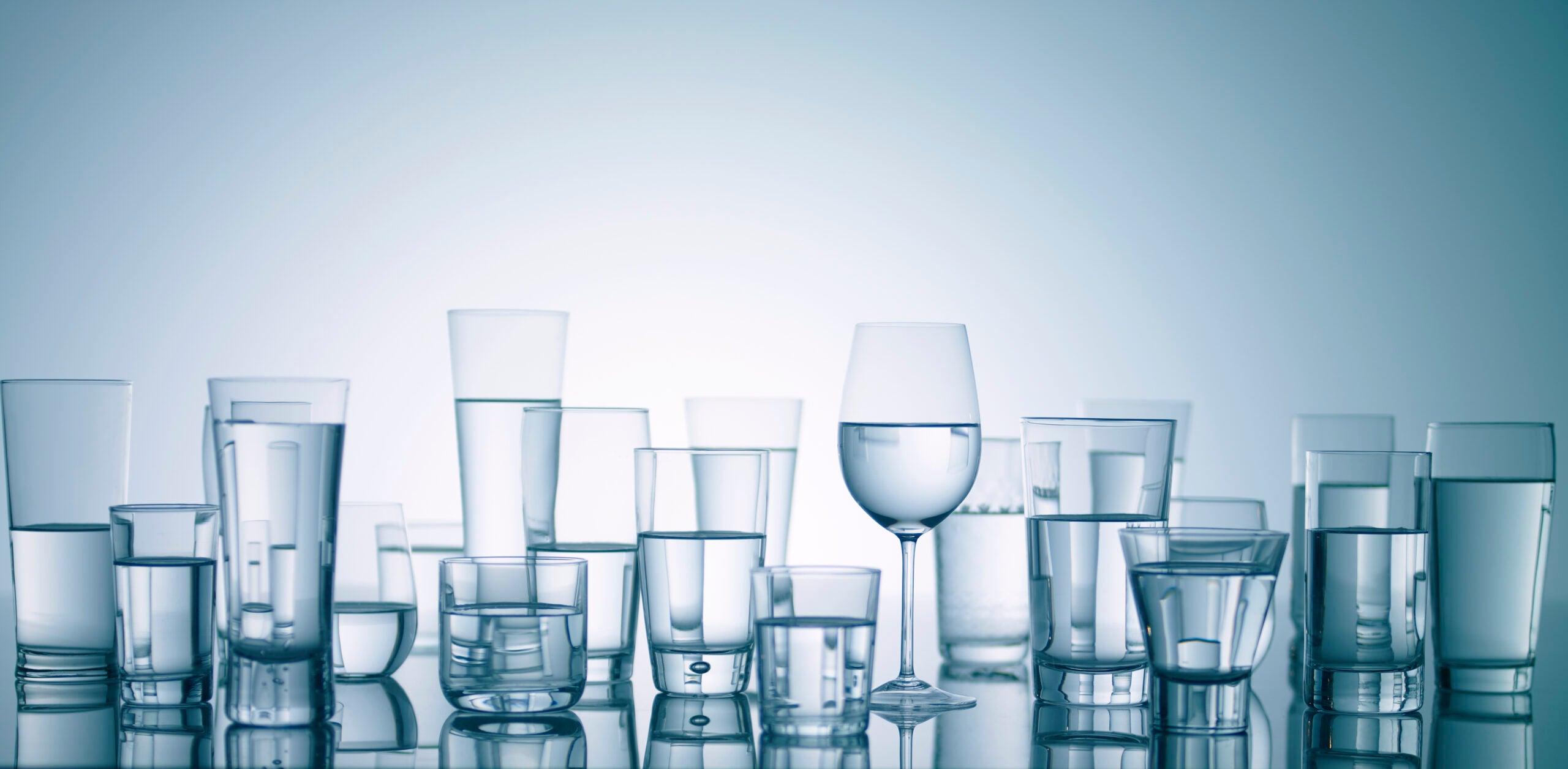 variety of glasses filled with water